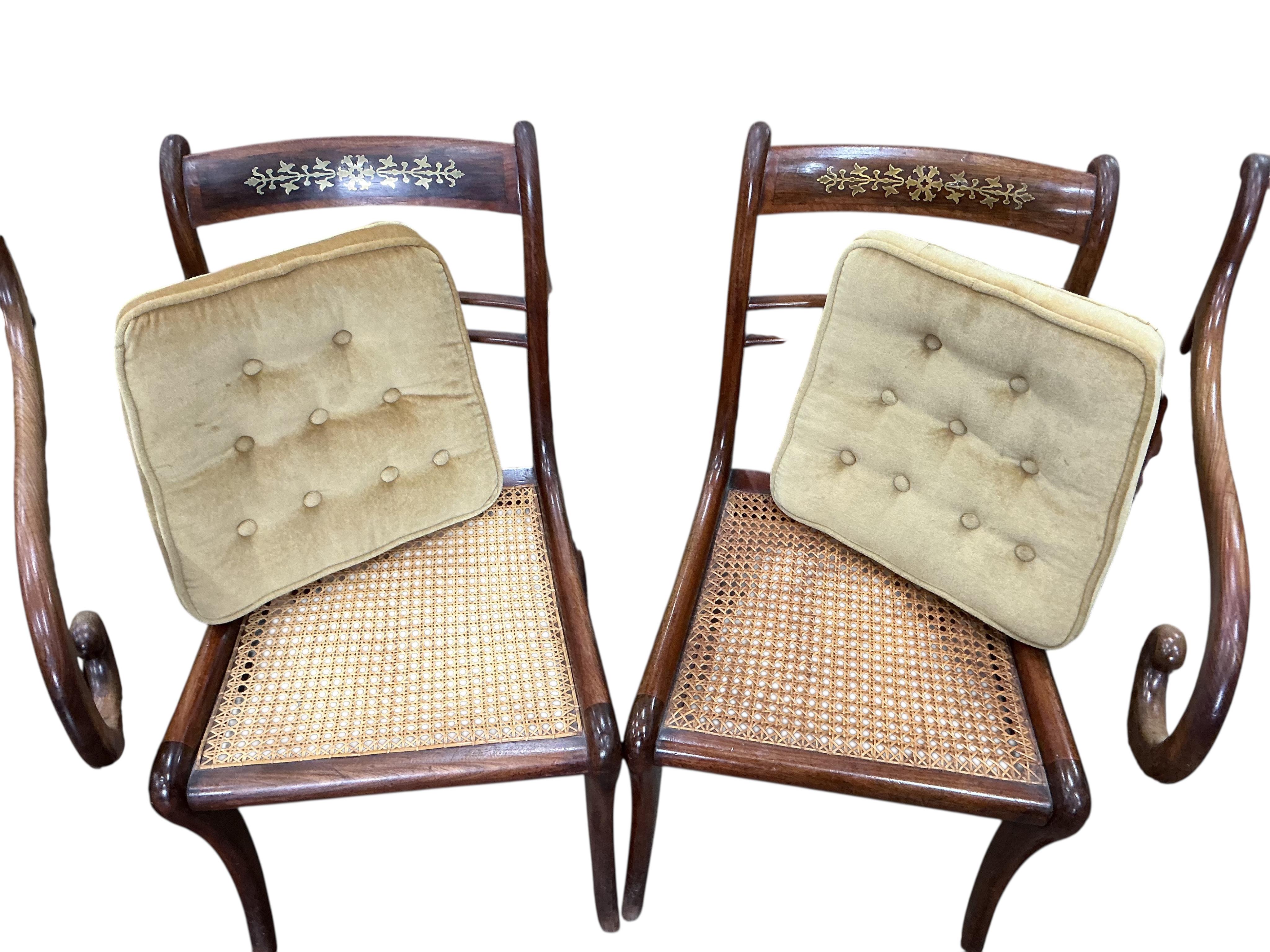 A set of eight Regency cut brass inlaid rosewood cane seat dining chairs, two with arms